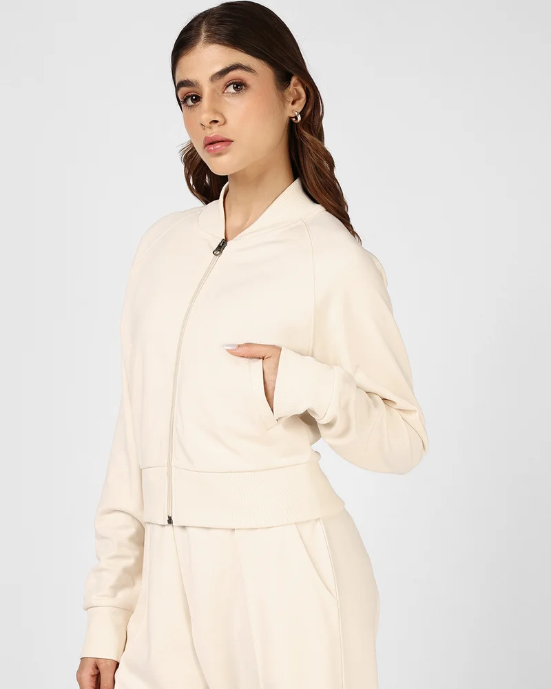 bewakoof Women's Beige Crop Zipper Sweatshirt